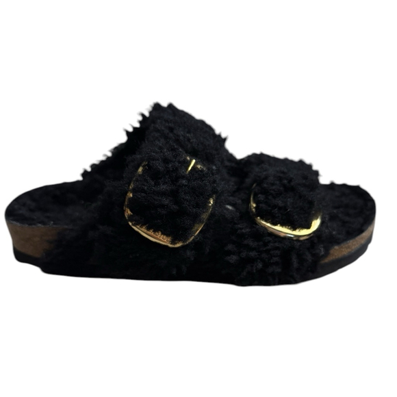 Birkenstock Arizona Big Buckle Teddy Shearling Sandals Black Gold Buckle 37 6.5 - Picture 1 of 9